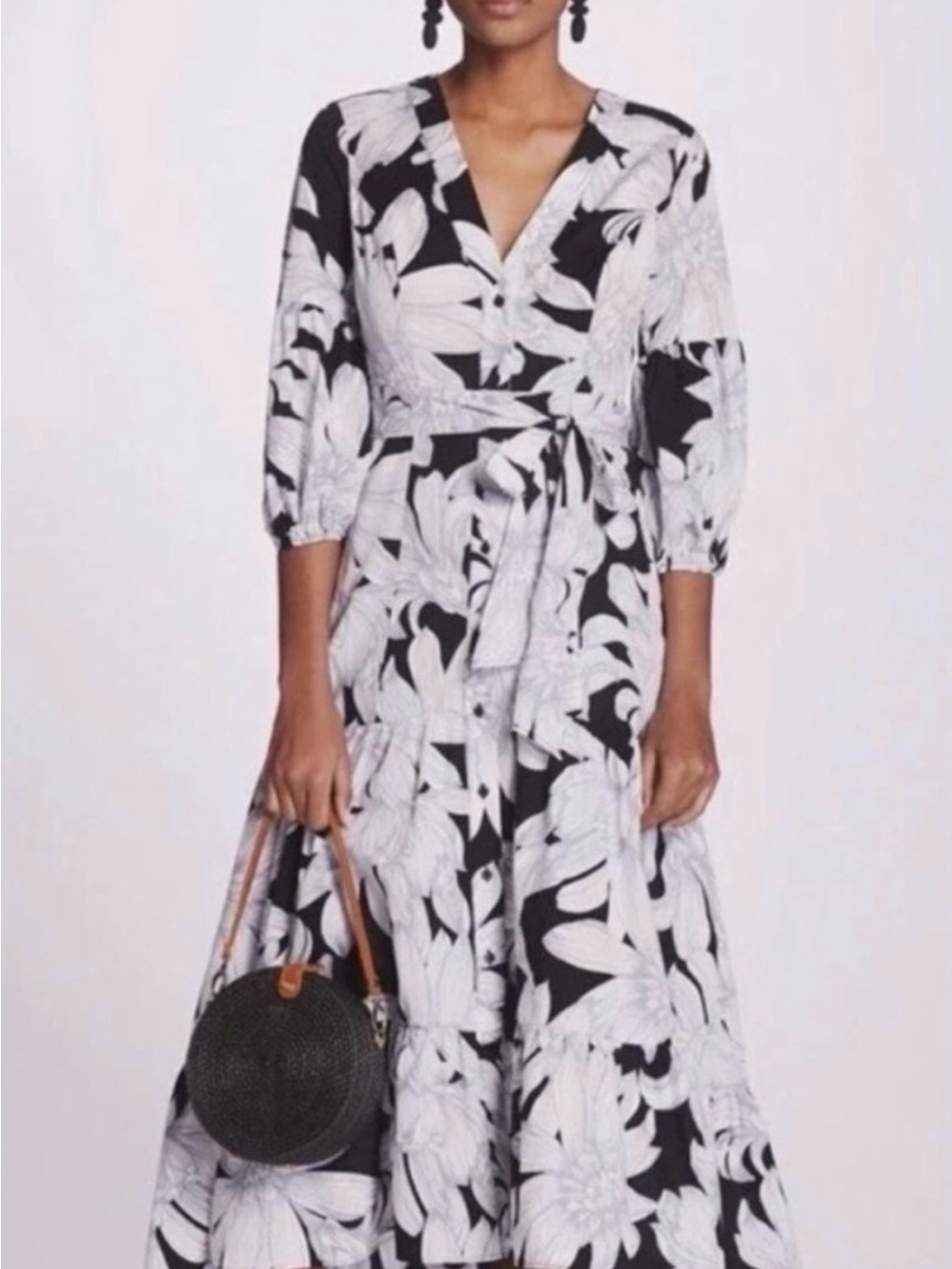 Maeve Anthropologie Black and White cotton Floral puff sleeve Maxi Dress size 2